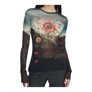 MONSE Euro Mesh Seeing Flower Long Sleeve Top Large